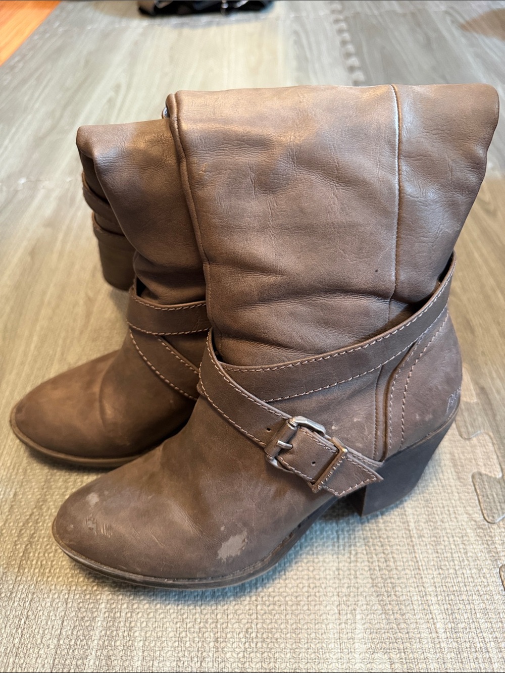 Blowfish Grey High Knee Boots with Buckle Strap and inside Zipper